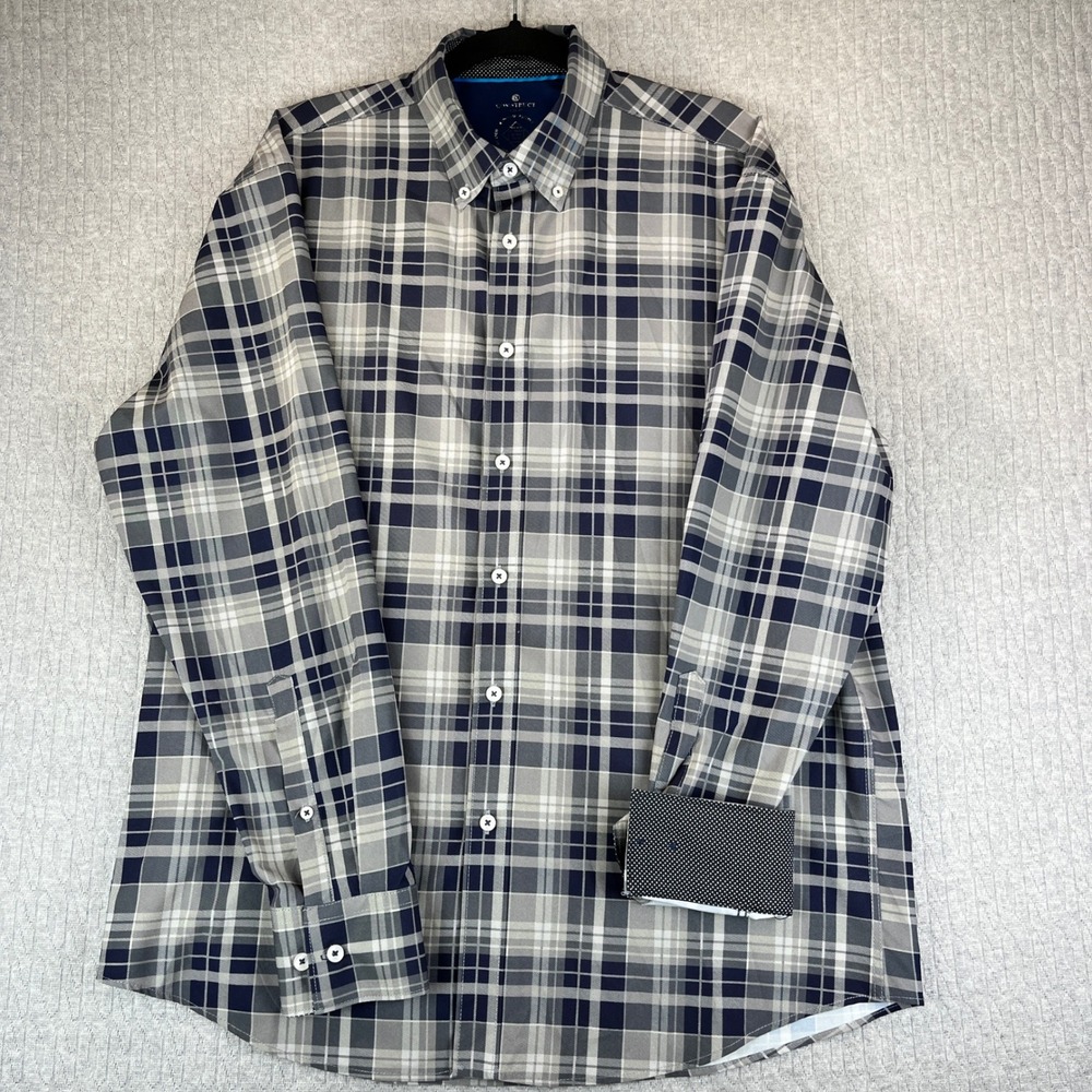 Construct Slim‎ Fit Plaid Button Down Dress Shirt Men L Long Sleeve flip cuff
